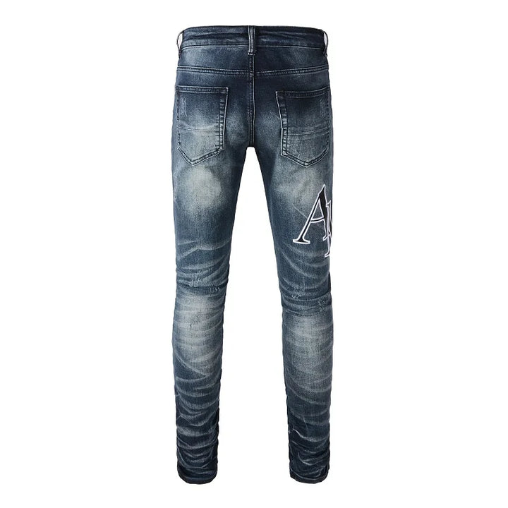 Amiri Jeans denim dark blue ripped pants slim straight fit print