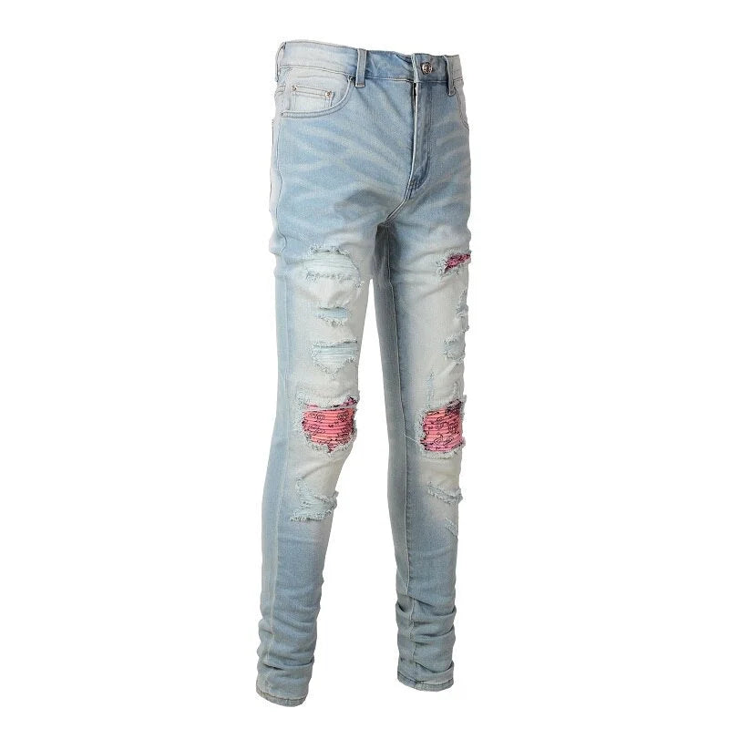 Blue Pink Paisley Bandana Patch Jeans