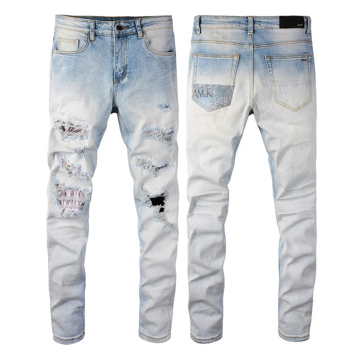 Amiri Jeans aqua slim fit straight-leg jeans with holes