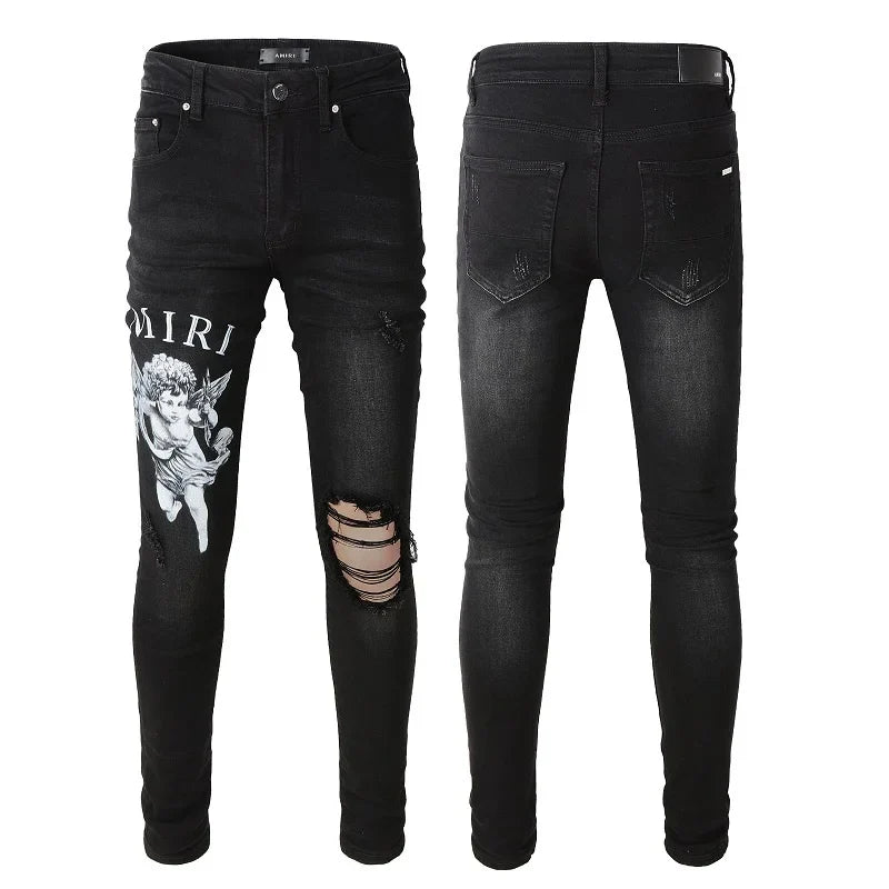 Amiri Jeans black slim fit straight-leg jeans ripped tie-dye