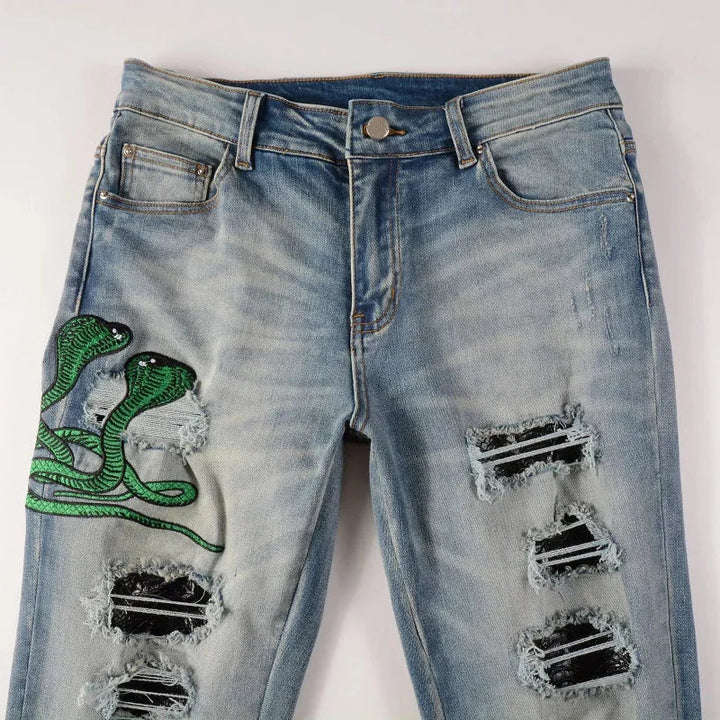 Blue Snake Embroidery Patch Ripped Jeans