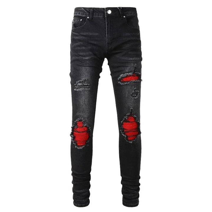 Black Red Ribbed Patchwork Jeans