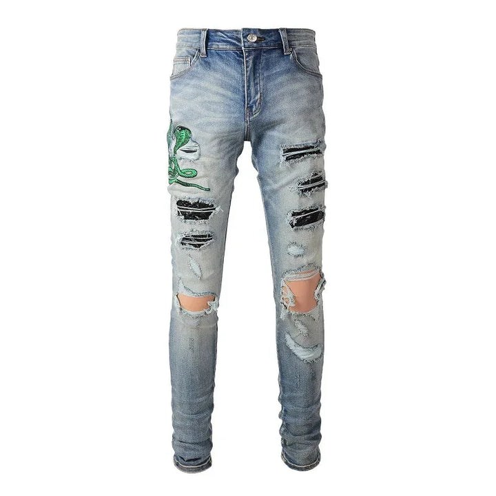 Blue Snake Embroidery Patch Ripped Jeans