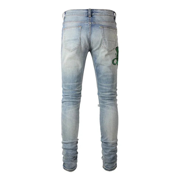 Blue Snake Embroidery Patch Ripped Jeans